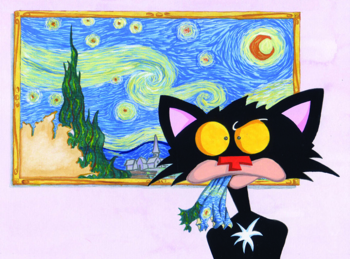 bad kitty in front of starry night